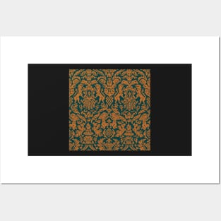 Gold on Teal Weird Medieval Lions, Cherubs, and Skulls Scrollwork Damask Posters and Art